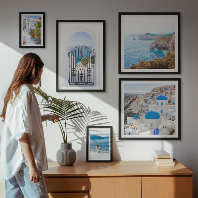 Billedkomposition til væg Santorini huse med blåt hav