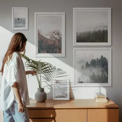 Billedsæt over sofa med motiv af landskaber med bjerge, skove og skyer