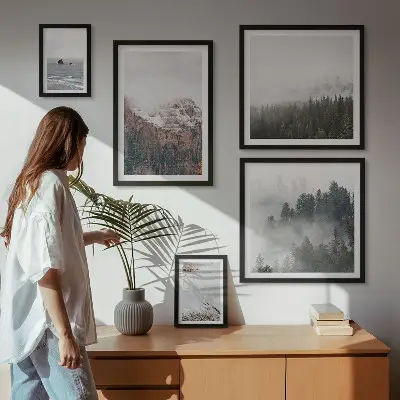 Billedsæt over sofa med motiv af landskaber med bjerge, skove og skyer
