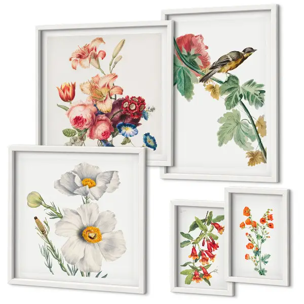 Billedkomposition til væg med vintage blomsterfugle
