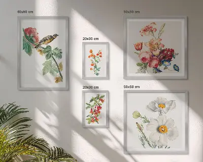 Billedkomposition til væg med vintage blomsterfugle