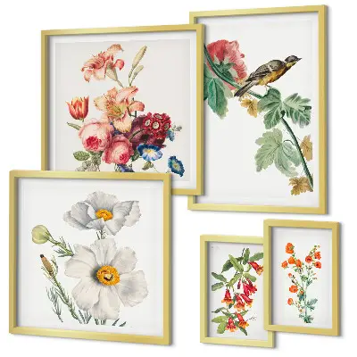 Billedkomposition til væg med vintage blomsterfugle