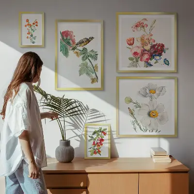Billedkomposition til væg med vintage blomsterfugle