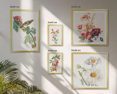 Billedkomposition til væg med vintage blomsterfugle