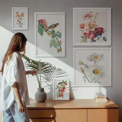 Billedkomposition til væg med vintage blomsterfugle