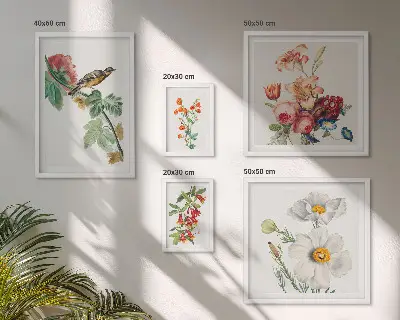 Billedkomposition til væg med vintage blomsterfugle