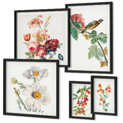 Billedkomposition til væg med vintage blomsterfugle
