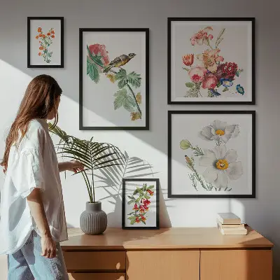 Billedkomposition til væg med vintage blomsterfugle
