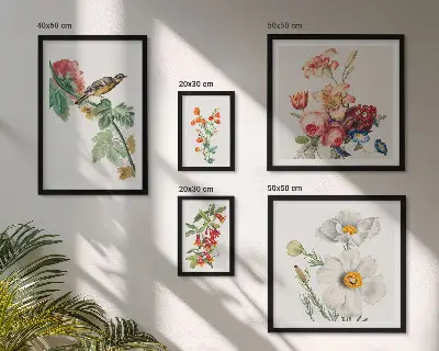 Billedkomposition til væg med vintage blomsterfugle