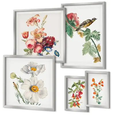 Billedkomposition til væg med vintage blomsterfugle