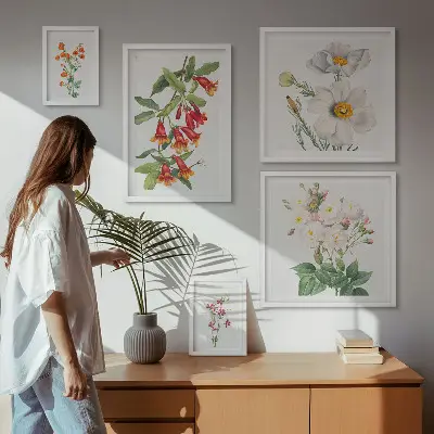 Blomsterbotaniske illustrationer billedsæt til oversiden af sofaen