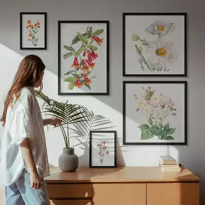 Blomsterbotaniske illustrationer billedsæt til oversiden af sofaen