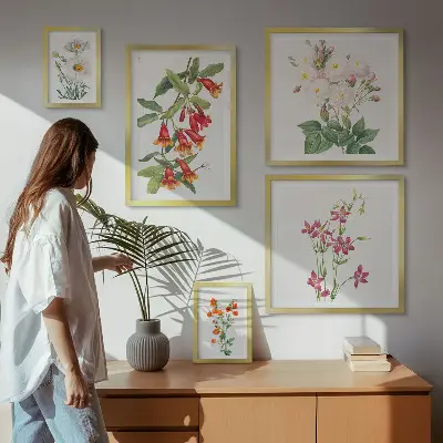 Billedkomposition til væg med blomstermotiver i botanisk stil