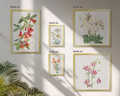 Billedkomposition til væg med blomstermotiver i botanisk stil