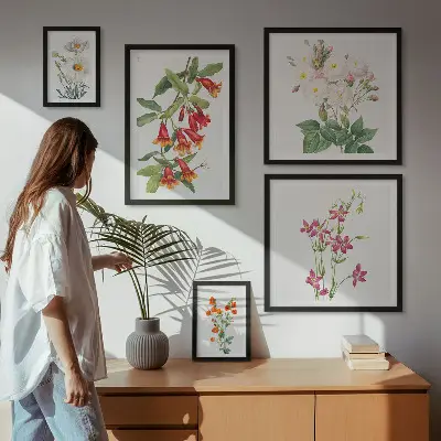 Billedkomposition til væg med blomstermotiver i botanisk stil