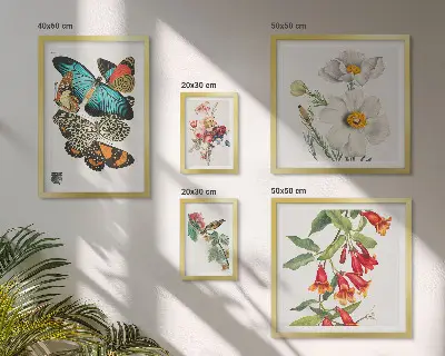 Billedsæt over sofa vintage dekorationer med blomster, sommerfugle og fugle
