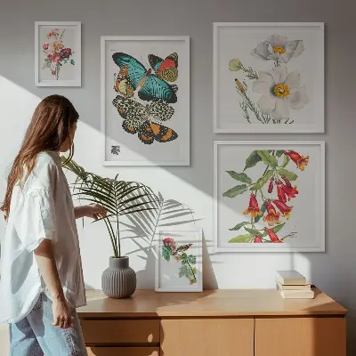 Billedsæt over sofa vintage dekorationer med blomster, sommerfugle og fugle
