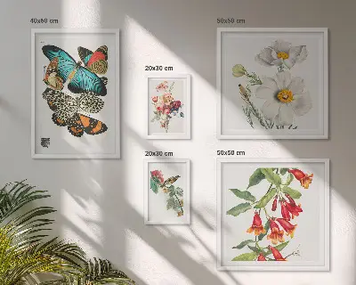 Billedsæt over sofa vintage dekorationer med blomster, sommerfugle og fugle