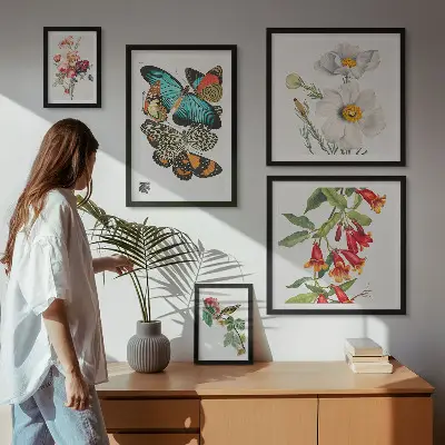 Billedsæt over sofa vintage dekorationer med blomster, sommerfugle og fugle
