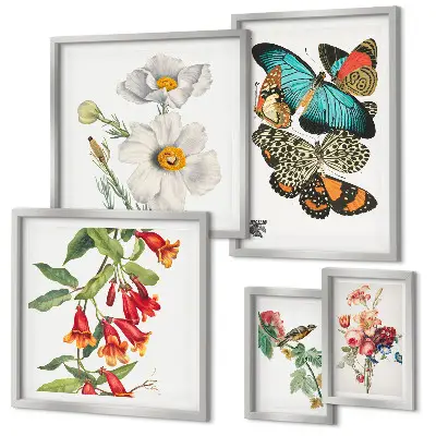 Billedsæt over sofa vintage dekorationer med blomster, sommerfugle og fugle