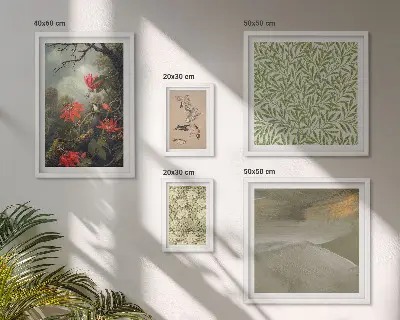 Billedkomposition til væg med naturlige motiver af blomster og fugle