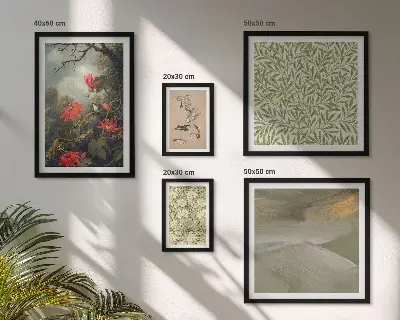 Billedkomposition til væg med naturlige motiver af blomster og fugle