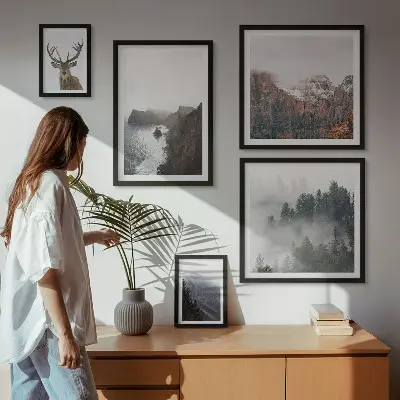 Billedsæt med dyrelivslandskaber til ophængning over sofaen
