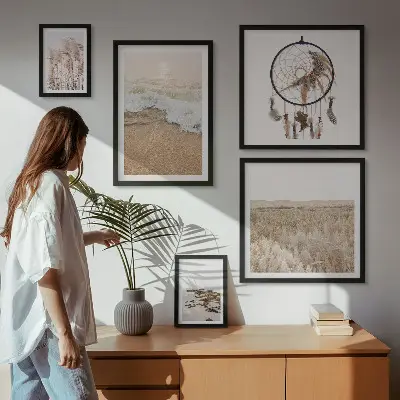 Billedsæt over sofa med naturlige strandlandskaber