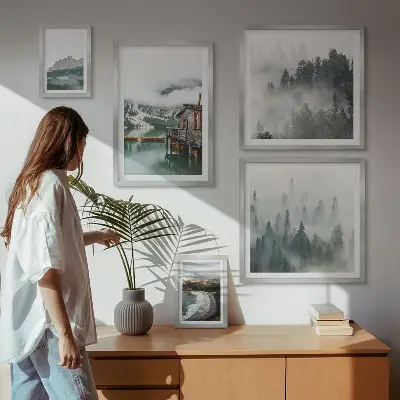 Vægdekoration med bjerglandskab motiv af bjerge, hytter og vand