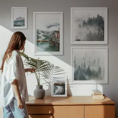 Vægdekoration med bjerglandskab motiv af bjerge, hytter og vand