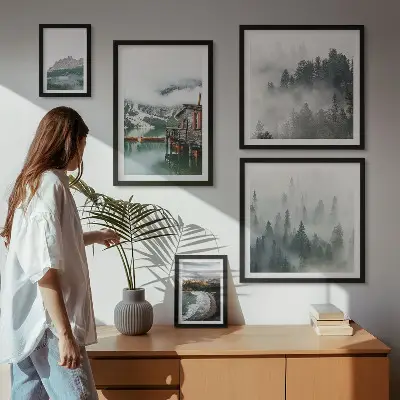 Vægdekoration med bjerglandskab motiv af bjerge, hytter og vand