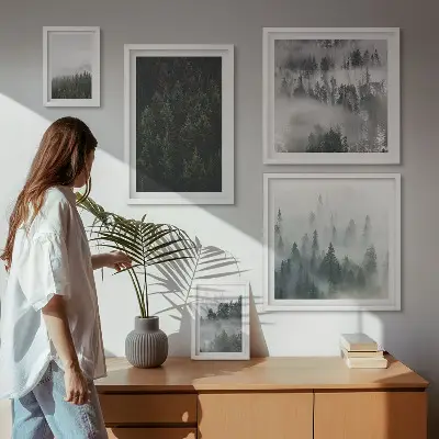 Billedsæt over sofa med motiv af grønne skove i tågede landskaber