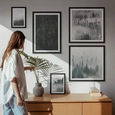 Billedsæt over sofa med motiv af grønne skove i tågede landskaber