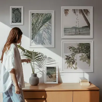 Billedsæt til ophængning over sofa med tropiske afslappende planter