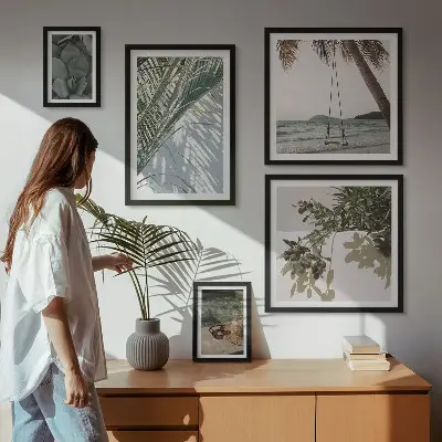 Billedsæt til ophængning over sofa med tropiske afslappende planter