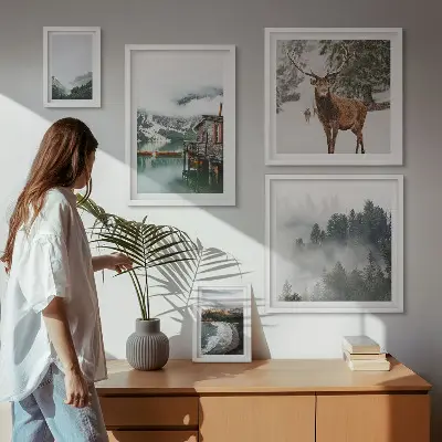 Billedsæt over sofa med naturmotiv af bjerge og dyreliv
