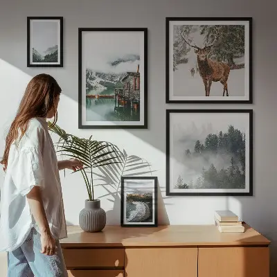 Billedsæt over sofa med naturmotiv af bjerge og dyreliv