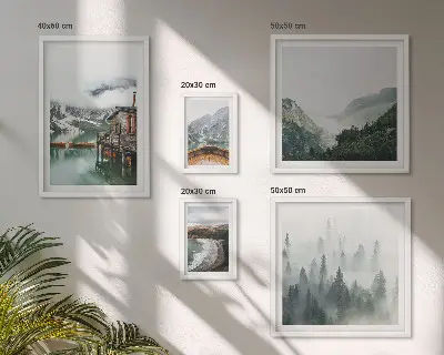 Billedsæt til væg med bjerglandskaber, huse og vand