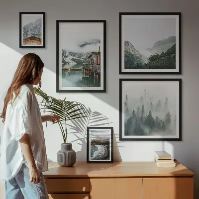 Billedsæt til væg med bjerglandskaber, huse og vand