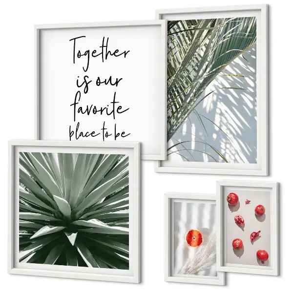Billedkomposition til væg med boho-stil, planter, frugter og troper