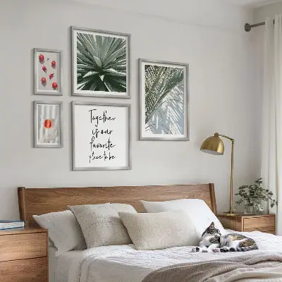 Billedkomposition til væg med boho-stil, planter, frugter og troper