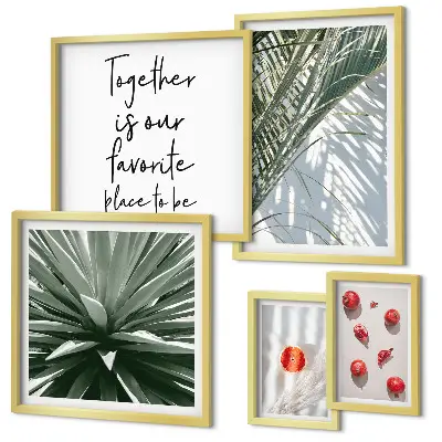 Billedkomposition til væg med boho-stil, planter, frugter og troper