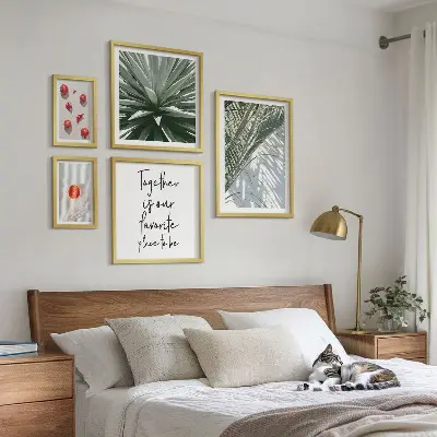 Billedkomposition til væg med boho-stil, planter, frugter og troper