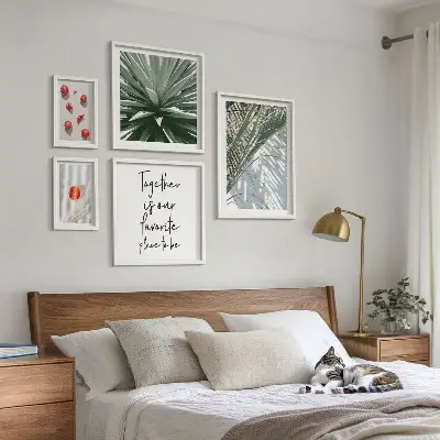 Billedkomposition til væg med boho-stil, planter, frugter og troper