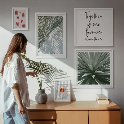 Billedkomposition til væg med boho-stil, planter, frugter og troper