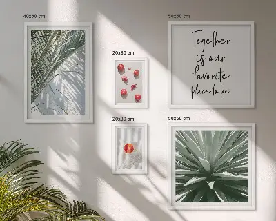 Billedkomposition til væg med boho-stil, planter, frugter og troper