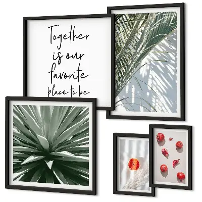 Billedkomposition til væg med boho-stil, planter, frugter og troper
