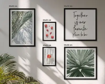 Billedkomposition til væg med boho-stil, planter, frugter og troper