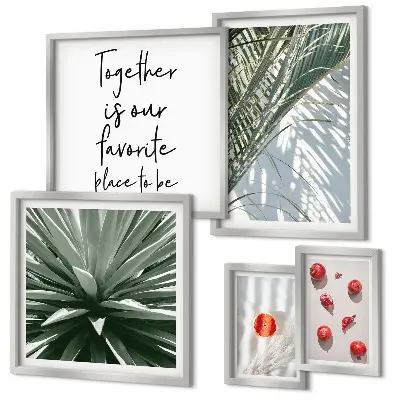 Billedkomposition til væg med boho-stil, planter, frugter og troper