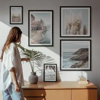 Billedsæt over sofa med motiv af stilfuld havudsigt